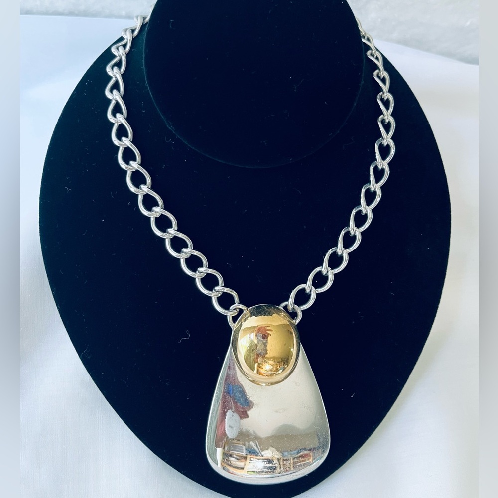 Monet Vintage Abstract Necklace Mirror-Reflective Silver With Gold Oval Signed